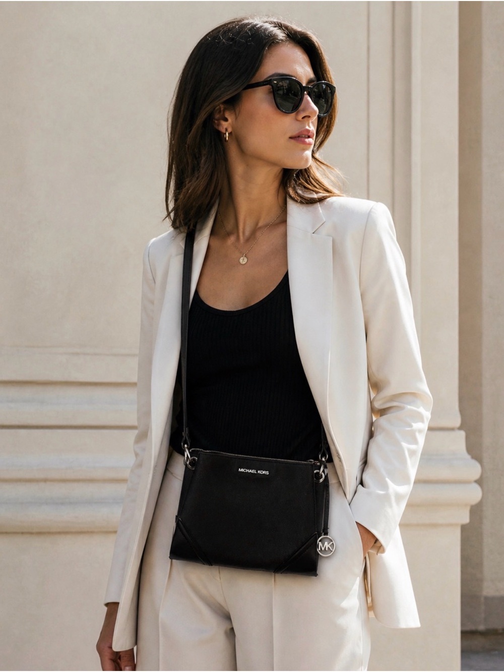 Michael Kors Black Leather Crossbody with MK Charm